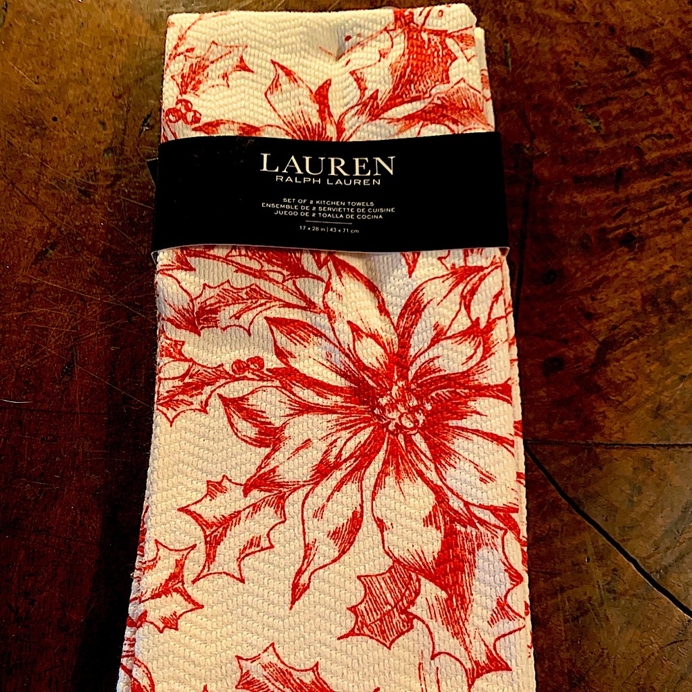 RALPH LAUREN KITCHEN TOWELS CHRISTMAS POINSETTIA NEW RED WHITE COTTON